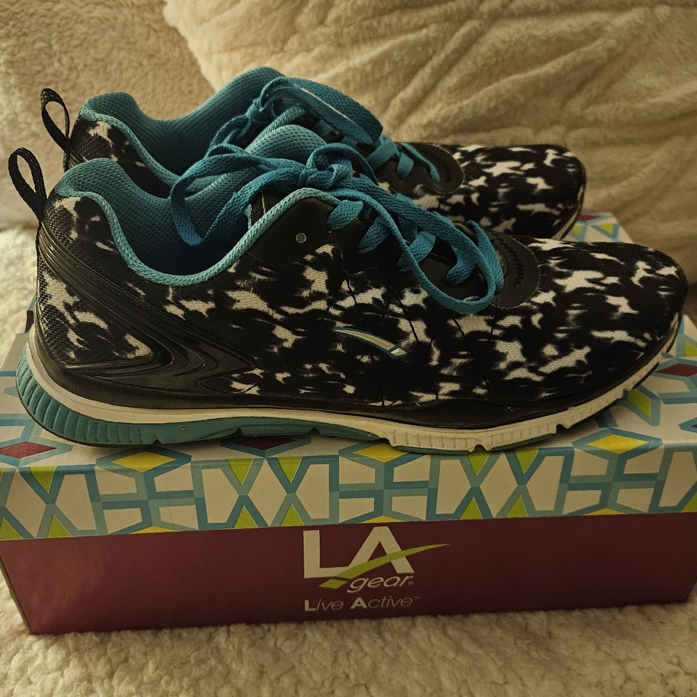 LA GEAR Black/Teal Speckle Design Running Tennis Shoes 👟 Sz. 9